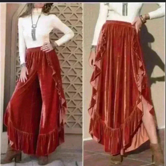 Velvet Slit Ruffled Autumn Wide Leg Boho Pants - Picture 1 of 9